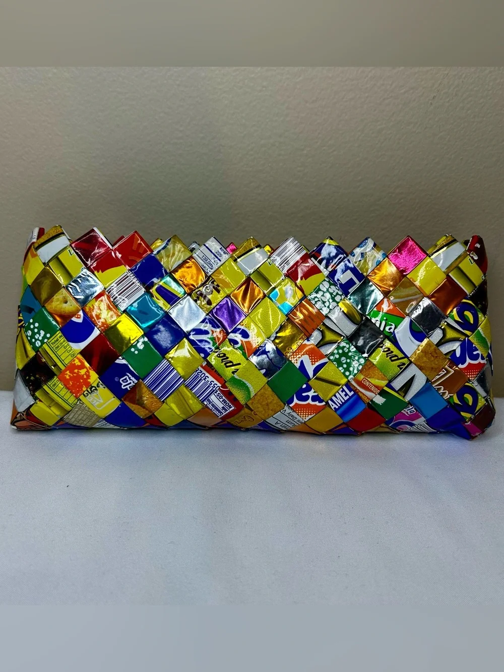 Handwoven Multicolor Recycled Wrappers-Clutch Bag,wallet,makeup case, pencil cas